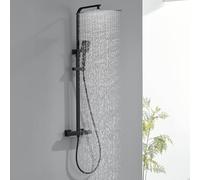 Auralum Colonne de Douche Noire Thermostatique avec Mitigeur en Laiton, Ciel de Douche 30x30cm, Pompe à Main Carrée, Réglable en Hauteur - Kit Complet Salle de Bain