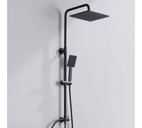 Auralum Colonne de Douche sans Mitigeur Noir Mat en Laiton, Colonne Télescopique 65-110cm avec Tête de Douche Carré Pluie 10", Douchette à Main Réglable, Kit pour Baignoire et Salle de Bain