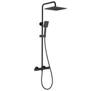 Auralum Colonne de Douche Thermostatique Noir Mat, Ensemble de Douche Complet avec Ciel de Pluie 25x25cm et Douchette, Mitigeur Anti-Brûlure, Barre de Douche Ajustable Sans Perçage, Flexible PVC