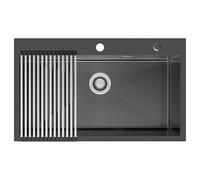 Auralum Evier Cuisine 75 × 45 cm, Evier Cuisine 1 Bac avec Égouttoir et Siphon, Evier Noir Anthracite avec Deux Trous de Montage, Lavabo Cuisine à Encastrer ou à Poser