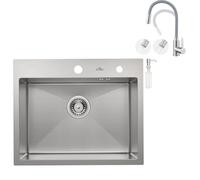 Auralum Évier de cuisine 55 x 45 cm + robinet de cuisine avec deux types de jet d'eau, évier de cuisine avec distributeur de savon et siphon + robinet flexible de cuisine