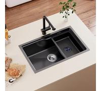 Auralum Évier de cuisine 68 x 43 cm en acier inoxydable, design encastré à deux niveaux, avec demi-bac