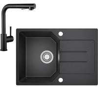 Auralum Évier de cuisine en granit encastrable avec siphon et plan de rinçage, 65 x 45 cm, noir