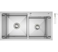 Auralum inox double évier de cuisine, 75 x 45 cm évier à encastrer pour meuble bas à partir de 80 cm, évier incl. vidage et distributeur de savon 300 ml