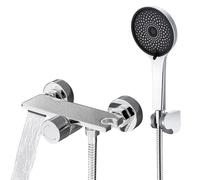 Auralum Mitigeur de Douche et Bain en Laiton Chromé - Robinet avec Bec Cascade Orientable, Douchette 5 Jets, Flexible Inox 1.5m et Tablette de Rangement Intégrée, Système de Douche de Rénovation