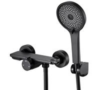 Auralum Mitigeur de Douche et Bain en Laiton Noir - Robinet avec Bec Cascade Orientable, Douchette 5 Jets, Flexible Inox 1.5m et Tablette de Rangement Intégrée, Système de Douche de Rénovation