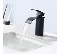 Auralum Robinet de Lavabo Cascade Noir Moderne, Robinet Salle de Bain pour Vasque à Poser, Mitigeur Lavabo Carré en Laiton