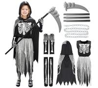 Aurasky Deguisement Faucheuse Enfant, Deguisement Halloween Fille avec Faucille Gants Chaussettes Chaîne à la Taille, Costume Squelette Enfant, pour Halloween Carnaval Cosplay Fête