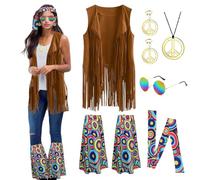 Aurasky Deguisement Hippie Femme, Gilet à Franges + Lunettes + Collier Peace + Boucles d'oreilles +Bandeau +Jambières, Style Années 60s 70s Costumes pour Carnaval Fête Mardi Gras Jours-A
