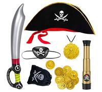 Aurasky Ensemble Pirate Enfant 7 Pièces,Capitaine Pirate Chapeau Cache-Oeil Télescope Sabre Pendentif Pochette Crânienne Pièces Or,Ensemble D'Accessoires de Costume de Pirate pour Fêtes Carnaval