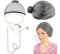 Aurasky Grand Mere Perruque Vieille Dame 5 Pièces, Kit de Deguisement Dame Grise Perruque Lunettes Ronde Collier Perle pour Cosplay Maquillage Fête Carnaval Halloween