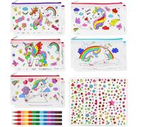 Aurasky Sac à Colorier pour Enfants, 10 Trousses à Crayons Licorne à Colorier+4 Crayons de Couleurs Empilables(12 Colores en Total), Sac Cadeau Anniversaire et Cadeau Invite Anniversaire Enfant