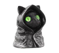 Auratrove Figurine mystérieuse de chat à capuche, statue gothique en résine noire avec yeux émeraude, décoration artisanale pour bibliothèque et affichage d'Halloween