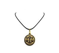 AurCa Pendentif artisanal - Signe astrologique de la Balance - Acrylique doré/noir & dos en bois de noyer - Gravure laser - Bijou zodiacal mixte - Fabrication française - Cordon offert - Ø30 mm