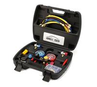AURELIO TECH Ensemble de manomètres de collecteur A/C 4 voies version 2020 pour réfrigérants R134A R410A R404A R22 avec tuyau de 1,5 m, 3 adaptateurs de réservoir Acme, coupleurs réglables et robinet