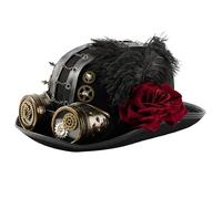 Aurgiarme Chapeau dôme avec chaîne d'engrenages industriels avec fleur rose foncée et lunettes de style victorien pour MardiGras Halloween Punk Party Hat