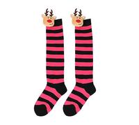 Aurgiarme Chaussettes longues rayées au-dessus du genou pour femme - Mignon élan de Noël - Pour fête cosplay - Pour filles et femmes, 13 noir rose rouge, taille unique