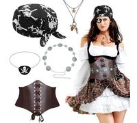 Aurgiarme Lot de 5 accessoires de pirate : corset, écharpe, tour de taille, cache-œil et chapeau pour cosplay, costume d'Halloween
