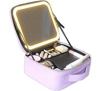 Auricrest Beauty Reformation Travel Makeup Bag with Adjustable Dividers, withs Mirror, with LED Lighted Make up Case, 3 Color Setting Cosmetic Makeup Box Organizer (Purple)
