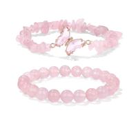 Auriselle 1 Ensemble Bracelet en Pierre Naturelle Véritable pour Femme et Homme avec Perles Rondes de 8 mm et Pendentif Papillon Bracelet élastique Spirituel, Rose