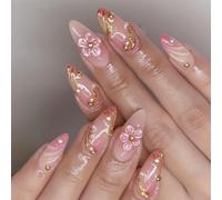 Auriselle 24 pièces 12 tailles Nails Press on Nails Set Fleurs 3D French Goldperle Amande Ongles à coller Longs faux artificiels Ongles artificiels à coller Mariages Fêtes Quotidien Femmes, Rose