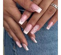 Auriselle 24 pièces 12 tailles Nails Press on Nails Set French bord blanc fleurs petits strass carré Nail Tips ongles à coller faux ongles artificiels coller femmes, rose