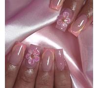 Auriselle 24 pièces Faux ongles à coller Press on Nails, Carré Français avec Fleurs 3D Brillantes Couverture Complète, jolis ongles artificiels pour Femmes Filles avec Gel Souple, Dégradé Rose-Blanc