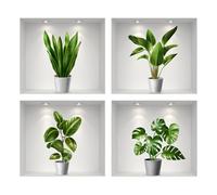 Auriselle 4 pièces 40 * 50CM stickers muraux Plante verte en pot Fleurs Vases - Décoration murale autocollante 3D avec plantes vertes et feuilles - Tableau mural moderne pour salon bureau hôtel