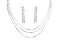 Auriselle Bijoux de mariage en strass Femme, 2-pièces Mariée Ligne conception Collier Boucles d'oreilles Set Strass Brillant, Chaînes Femmes Filles, Argenté
