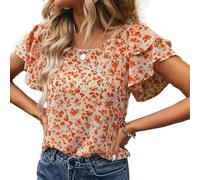Auriselle Blouse à Manches Courtes Femmes, été Fleurs col Rond Volants Chemisier Chemise Blouse d'été légère, Confortable Vintage élégante Fluide Ample décontractée Haut t-Shirt Tenue Orange, L