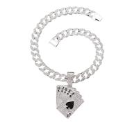 Auriselle Collier homme Hip Hop avec pendentif forme carte à jouer, chaîne sertie strass, longueur réglable, bijou vintage rétro brillants, accessoires streetwear, cadeau hommes garçons, 45 cm
