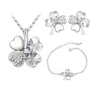 Auriselle Femme Ensemble de Bijoux Heureux Trèfle à Quatre Feuilles Strass Boucles D'oreilles Collier Bracelet 3 Pièces Bijoux Femmes avec Zirconium Cubique Cadeaux de Mariage pour Dames, Argent