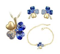 Auriselle Femme Ensemble de Bijoux Heureux Trèfle à Quatre Feuilles Strass Boucles D'oreilles Collier Bracelet 3 Pièces Bijoux Femmes avec Zirconium Cubique Cadeaux de Mariage pour Dames, Bleu