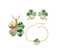 Auriselle Femme Ensemble de Bijoux Heureux Trèfle à Quatre Feuilles Strass Boucles D'oreilles Collier Bracelet 3 Pièces Bijoux Femmes avec Zirconium Cubique Cadeaux de Mariage pour Dames, Vert