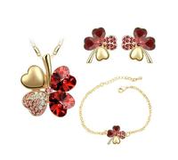 Auriselle Femme Ensemble de Bijoux Heureux Trèfle à Quatre Feuilles Strass Boucles D'oreilles Collier Bracelet 3 Pièces Bijoux Femmes avec Zirconium Cubique Cadeaux de Mariage pour Dames, Rouge