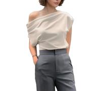 Auriselle Femme Sexy Haut Asymétrique Ruché T-Shirt Manches Courtes Top Slim Fit Elégant Top d'Eté pour Fête de Club, Blanc, S