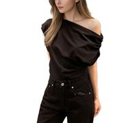 Auriselle Femme Sexy Haut Asymétrique Ruché T-Shirt Manches Courtes Top Slim Fit Elégant Top d'Eté pour Fête de Club, Noir, S