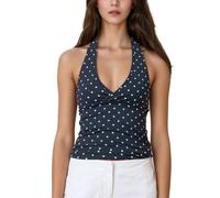 Auriselle Femme Y2K Gilet Top Sexy Col à Pois Camisole Réglable Spaghetti Strap Débardeur Dos-Nu Col V Profond Slim Fit sans Manches Cami T-Shirt D'été, Noir, M