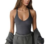 Auriselle Haut Femme Débardeur à Bretelles Spaghetti Encolure en U Slim Fit sans Manches Caraco Été Côtelé Découpe Sport T-Shirt, Gris, S