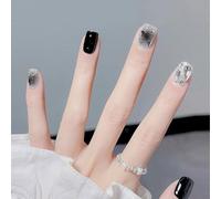 Auriselle Press on Nails 24 Pièces Court Français Faux Ongles Carrés Strass Artificiels Noirs et Blancs Nails on Nail Motif Croix Ongles Adhésifs, Parfaits pour Manucure à la Maison