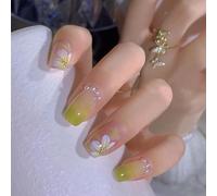 Auriselle Press on Nails 24 Pièces Courtes Moyennes Françaises Carrées Faux Strass Faux Ongles Verts et Roses sur Ongle Collants Ongles Floraux, Parfaits pour Manucure à la Maison