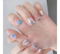 Auriselle Press on Nails 24 pièces French Court Faux Ongles Carrés Strass Artificiels Bleu et Rose Nail on Nails Dégradé Coller les Ongles, Parfait pour la Manucure à Domicile