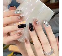 Auriselle Press on Nails 24 Pièces French Moyen Faux Ongles Carrés Strass Artificiels Noir et Rose Nail on Nails Motifs étoiles Ongles Adhésifs