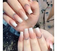 Auriselle Press on Nails 24 Pièces Longues French Carrées Faux Strass Ongles Artificiels Blancs et Roses sur Ongle Dégradé Coller les Ongles, Parfaits pour une Manucure à Domicile