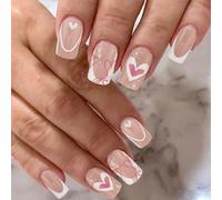 Auriselle Press on Nails Lang 24 Pièces Françaises Faux Ongles Longs Carrés Motif Artificiel Love Ongles Blancs et Roses sur les Ongle, Parfait pour la Manucure à Domicile