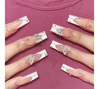 Auriselle Press on Nails Lang 24 Pièces Françaises Faux Ongles Longs Carrés Ongles Artificiels Rose et Blanc sur gel Souple Paillettes Ongle avec la Conception de Papillons 3