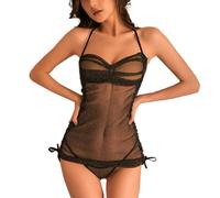 Auriselle Sexy Lingerie pour Femmes Chemise de Nuit Transparente en Tulle, Chemise de Nuit avec Encolure Dos Nu et Cordon de Serrage Nuisettes Érotiques Chemises pour Femmes, Noir Taille Unique