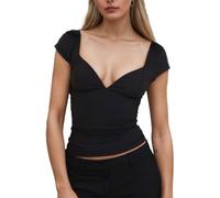 Auriselle Top Femme Décolleté Plongeant Y2K Encolure en Cœur T-Shirt Manches Courtes Slim Fit été Côtelé Cut Out Shirt, Noir, L