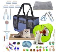 AURIXUS Kit de démarrage 39 pièces, idéal pour les chats de moins de 6 mois, fournitures pour chat, comprenant un ensemble de jouets de 23 pièces, un lit, un transporteur, une litière à usage unique