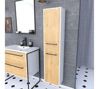 Colonne de salle de bain blanche -2 portes chêne naturel et poignées noir mat - STRUCTURA F028